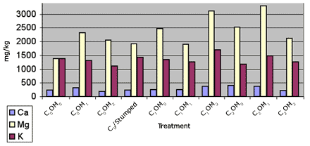 Graph showing soil cations before implementing 9 treatments - C0OM0: MG = 1372.60869565217 mg/L, CA = 230.434782608696 mg/L, K = 1383.47826086957 mg/L; C0OM1: MG = 2323.88888888889 mg/L, CA = 320 mg/L, K = 1310.55555555556 mg/L; C0OM2: MG = 2060 mg/L, CA = 183.333333333333 mg/L, K = 1106.66666666667 mg/L; C0/Stumped: MG = 1926.31578947368 mg/L, CA = 237.368421052632 mg/L, K = 1430.52631578947 mg/L; C1OM0: MG = 2471.25 mg/L, CA = 249.375 mg/L, K = 1338.125 mg/L; C1OM1: MG = 1906.25 mg/L, CA = 248.75 mg/L, K = 1268.125 mg/L; C1OM2: MG = 3118.33333333333 mg/L, CA = 375 mg/L, K = 1707.77777777778 mg/L; C2OM0: MG = 2521.57894736842 mg/L, CA = 398.947368421053 mg/L, K = 1170.52631578947 mg/L; C2OM1: MG = 3302.5 mg/L, CA = 376.5 mg/L, K = 1483.5 mg/L; C2OM2: MG = 2123 mg/L, CA = 219 mg/L, K = 1267 mg/L