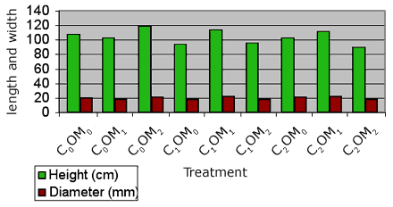 Graph showing height and diameter of Western Larch (Laoc) seedlings 5 years after planting for 9 treatments - C0OM0: height = 107.7273 cm, diameter = 19.84318 mm; C0OM1: height = 101.9583 cm, diameter = 18.01917 mm; C0OM2: height = 118.26 cm, diameter = 21.216 mm; C1OM0: height = 93.15 cm, diameter = 17.468 mm; C1OM1: height = 112.8833 cm, diameter = 21.69667 mm; C1OM2: height = 95.31667 cm, diameter = 18.2175 mm; C2OM0: height = 102.1333 cm, diameter = 20.82667 mm; C2OM1: height = 111.7 cm, diameter = 21.35167 mm; C2OM2: height = 89.6 cm, diameter = 17.98286 mm