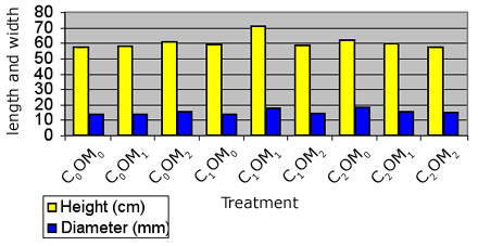 Graph showing height and diameter of Douglas Fir (Psme) seedlings 5 years after planting for 9 treatments - C0OM0: height = 57.05195 cm, diameter = 13.62857 mm; C0OM1: height = 58.10833 cm, diameter = 13.76083 mm; C0OM2: height = 60.91667 cm, diameter = 15.08583 mm; C1OM0: height = 59.28333 cm, diameter = 13.71833 mm; C1OM1: height = 71.075 cm, diameter = 17.66 mm; C1OM2: height = 58.24167 cm, diameter = 14.395 mm; C2OM0: height = 61.57 cm, diameter = 18.011 mm; C2OM1: height = 59.48333 cm, diameter = 15.2525 mm; C2OM2: height = 57.13333 cm, diameter = 14.96667 mm