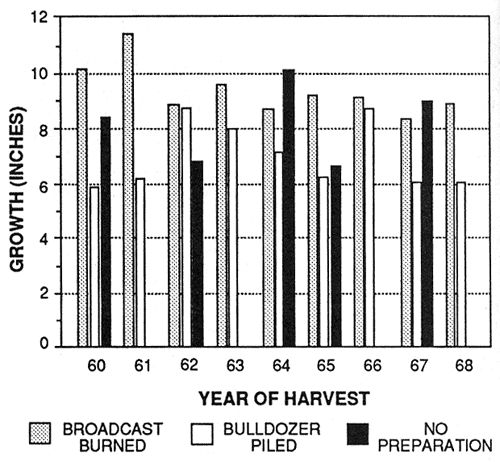 Graph showing mean growth of crop trees (comparison of site preparation methods).