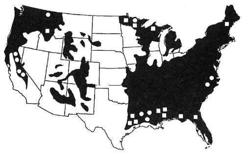 Map of the United States showing commercial forest regions and LTSP (Long-term Soil Productivity) installations.