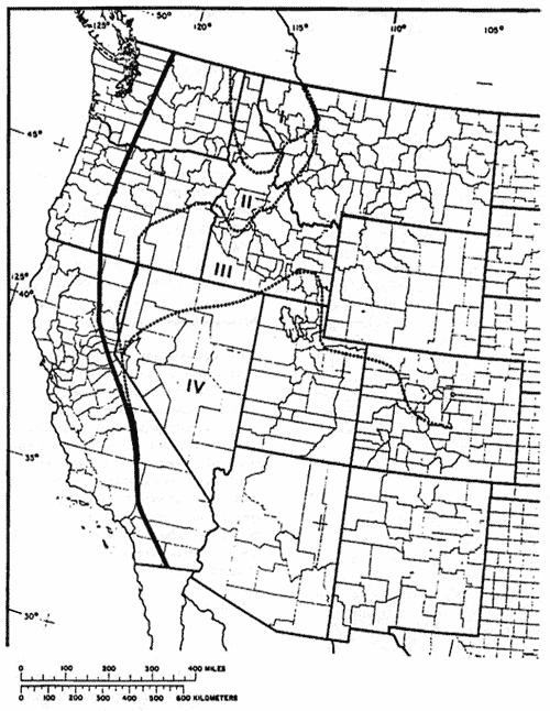 Map of western US showing climatic regions: REGION 1 (core maritime), REGION 2 (inland maritime), REGION 3 (northern continental), REGION 4 (southern continental)