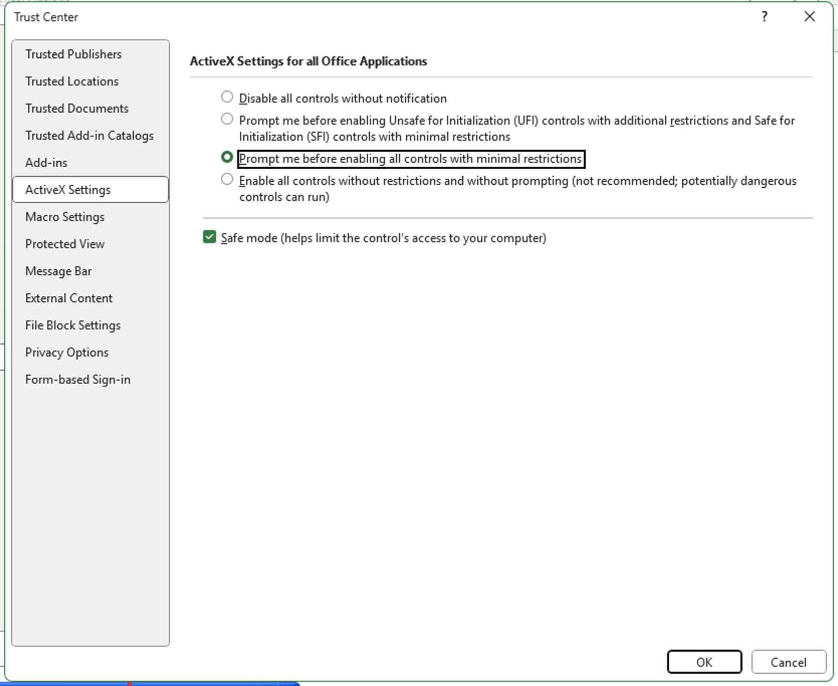 Trust Center ActiveX Settings