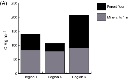 Average distribution of Carbon: Region 1 (Mineral to 1 m = 83 C Mg ha to the negative 1 power; Forest floor = 57 C Mg ha to the negative 1 power); Region 4 (Mineral to 1 m = 79 C Mg ha to the negative 1 power; Forest floor = 28 C Mg ha to the negative 1 power); Region 1 (Mineral to 1 m = 90 C Mg ha to the negative 1 power; Forest floor = 117 C Mg ha to the negative 1 power)