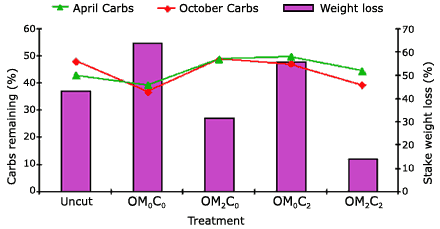 Graph showing % of carbohydrates remaining and weight loss in aspen stakes (values are approximate) - % of carbohydrates remaining in April: Uncut = 42.5%, OM0C0 = 39.5%, OM2C0 = 48.5%, OM0C2 = 49%, OM2C2 = 44%; % of carbohydrates remaining in October: Uncut = 48%, OM0C0 = 36%, OM2C0 = 30%, OM0C2 = 49%, OM2C2 = 39%; % of stake weight loss in April: Uncut = 37%, OM0C0 = 55%, OM2C0 = 27.5%, OM0C2 = 48%, OM2C2 = 12%