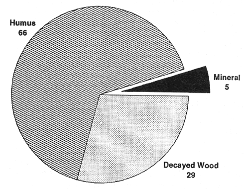 Pie chart showing percentages of ectomycorrhizae among soil horizons in western Montana: Decayed Wood - 29%, Humus - 66%, Mineral Soil - 5%