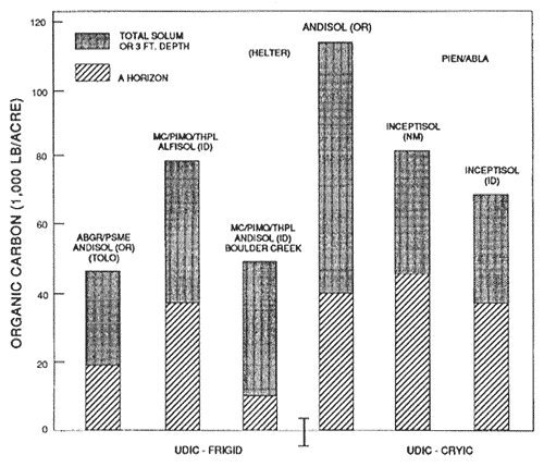 Graph showing mineral soil organic carbon content of representative soils and forest types.